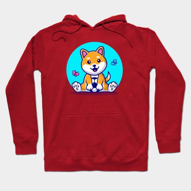 Cute Dog Shiba Inu With Soccer Ball And Butterfly Cartoon Vector Icon Illustration Hoodie by Catalyst Labs